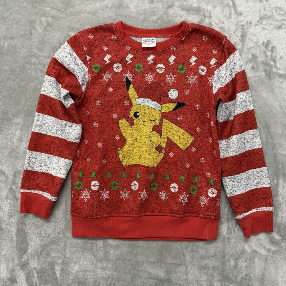 Pokémon Pikachu Boys Ugly Christmas Sweater Sweatshirt Red Striped Youth M 8/10